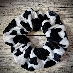 Ribbed Black & White Cow Print Scrunchie