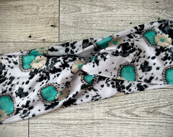 Black and White Cowhide with Turquoise Stone Western Twist Headband