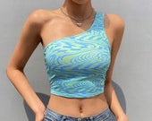 One Shoulder Wave Pattern String Tie Back Crop Top Tank Top - Y2K Streetwear