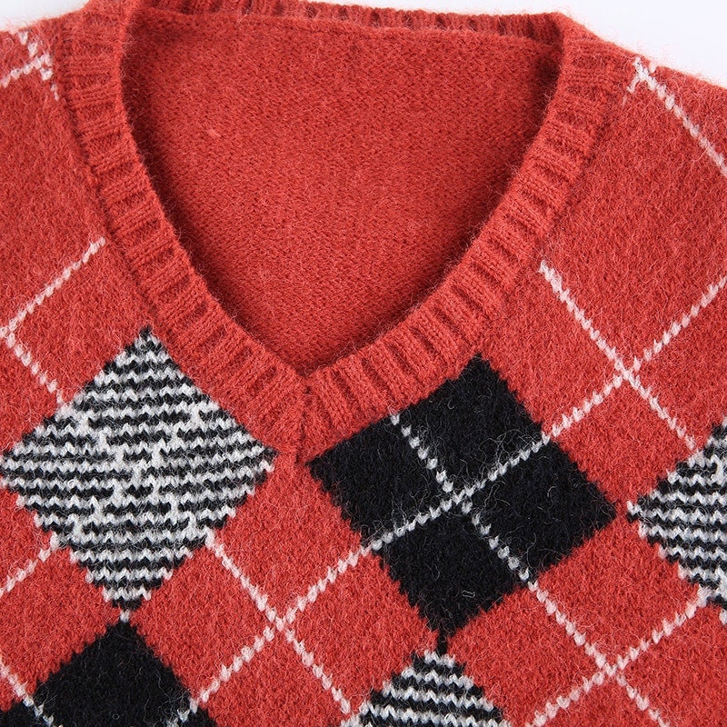 Argyle Plaid Cropped Knit Sweater Vest Red Y2K Preppy | Etsy