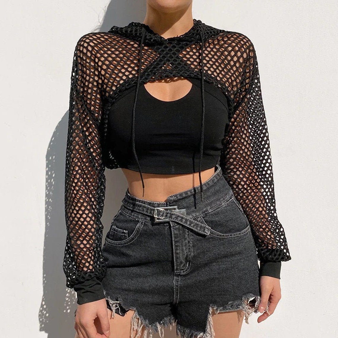 Hooded Fishnet Crop Top Long Sleeve Shirt Y2K / Streetwear | Etsy