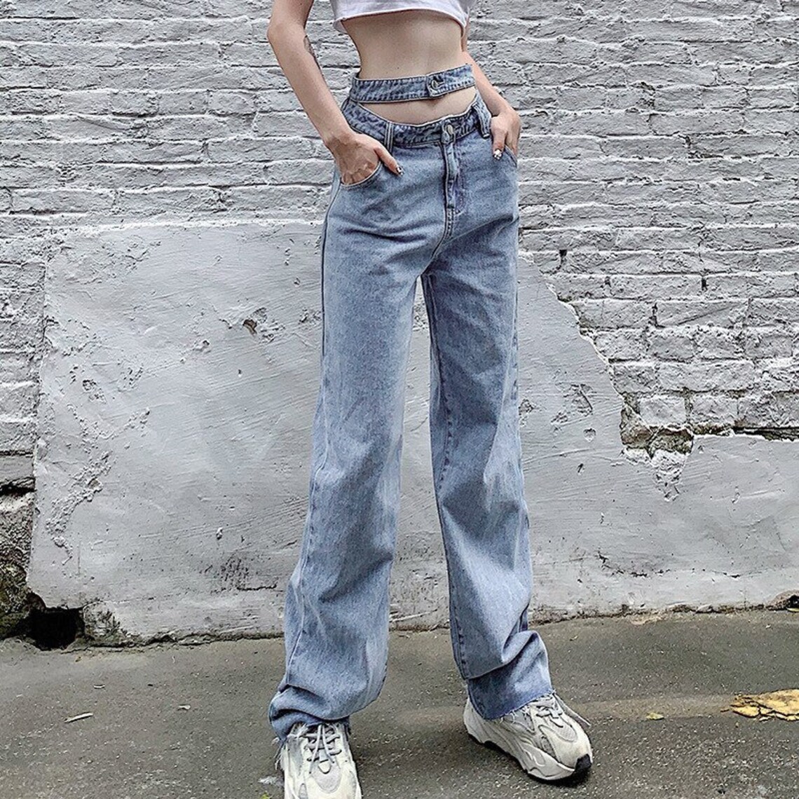 Double Waisted High Rise Loose Straight Jeans Denim Pants | Etsy