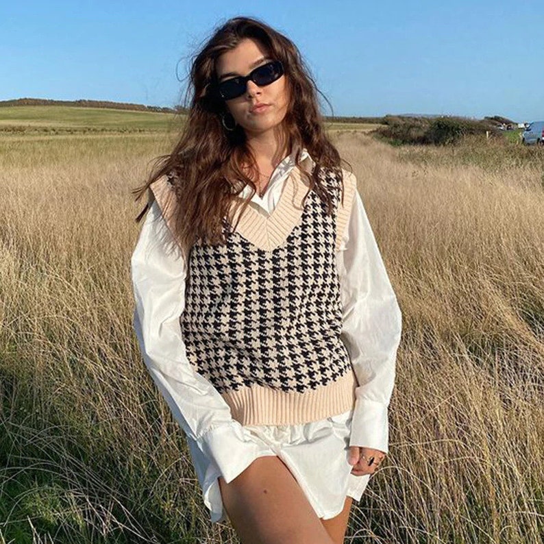 Houndstooth Knit Oversized Loose Y2K Sweater Vest Streetwear Houndstooth Knit Oversized Loose Y2K Sweater Vest Streetwear