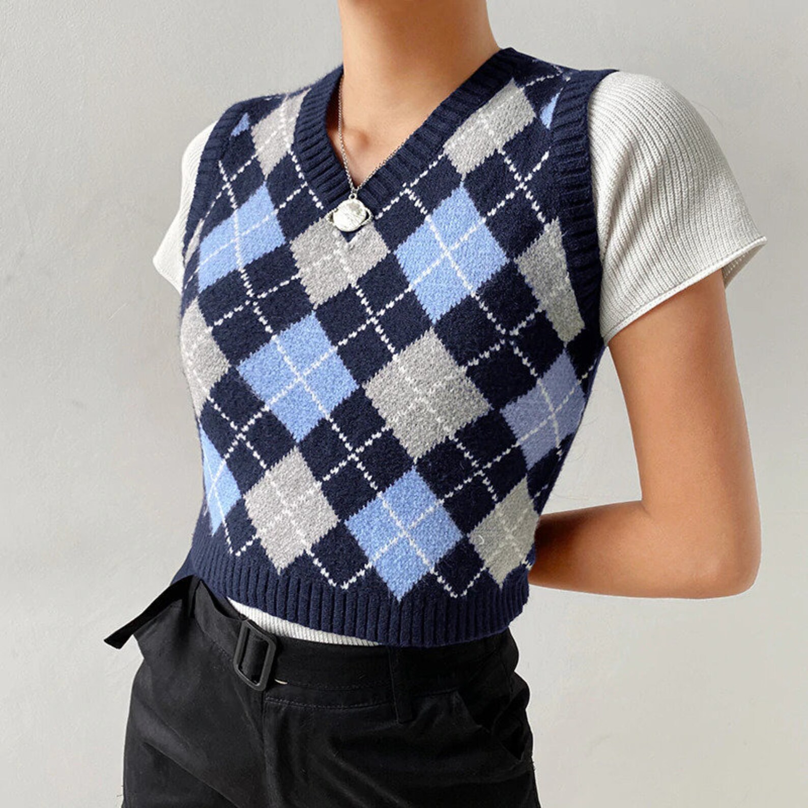 Argyle Knit Sweater Vest Y2K V-Neck Slim | Etsy
