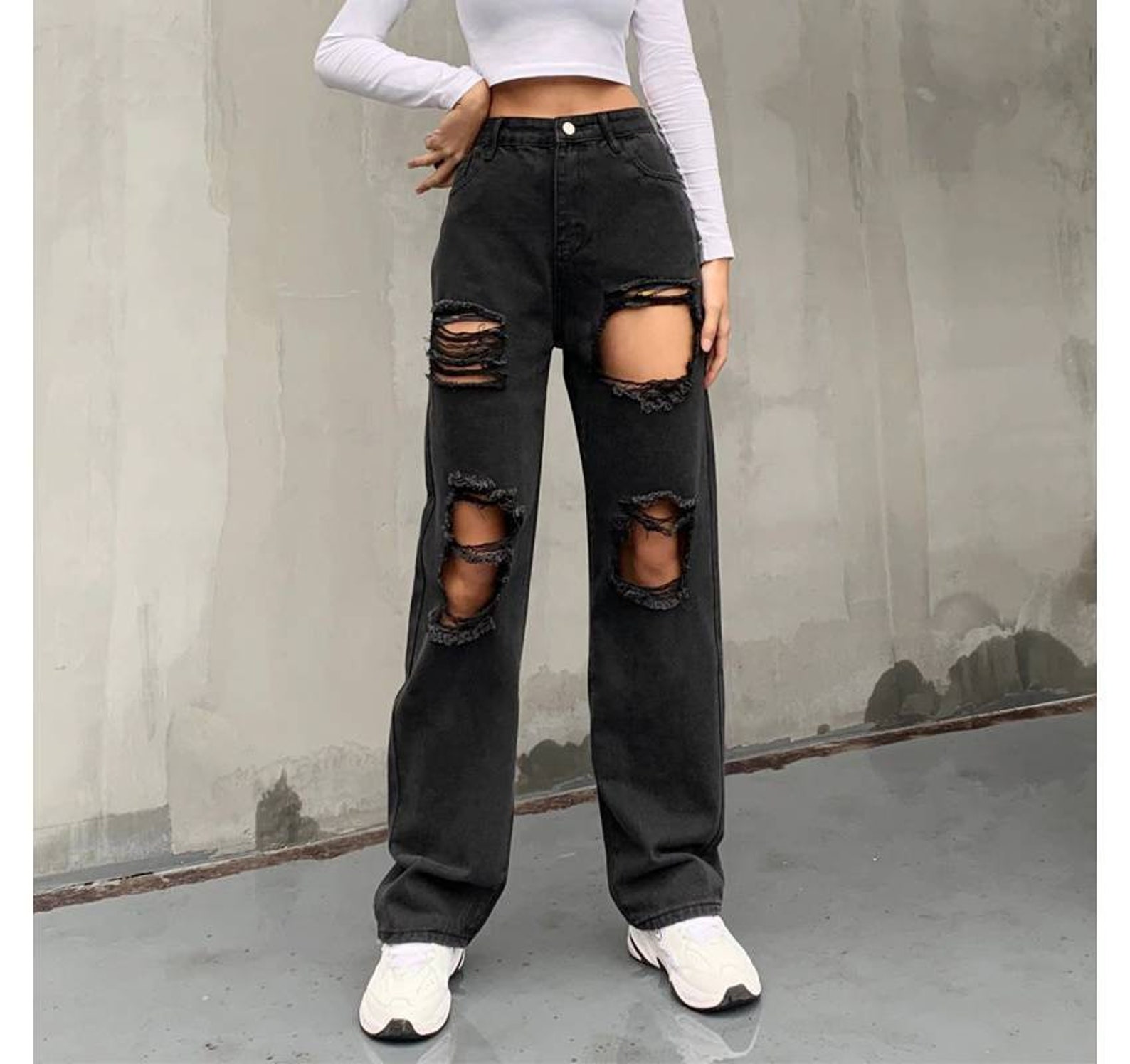 High Waisted Distressed Baggy Jeans Y2K / Streetwear | Etsy