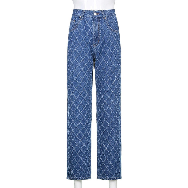 High Waisted Baggy Cotton Denim Pants / Jeans / Argyle Pattern | Etsy