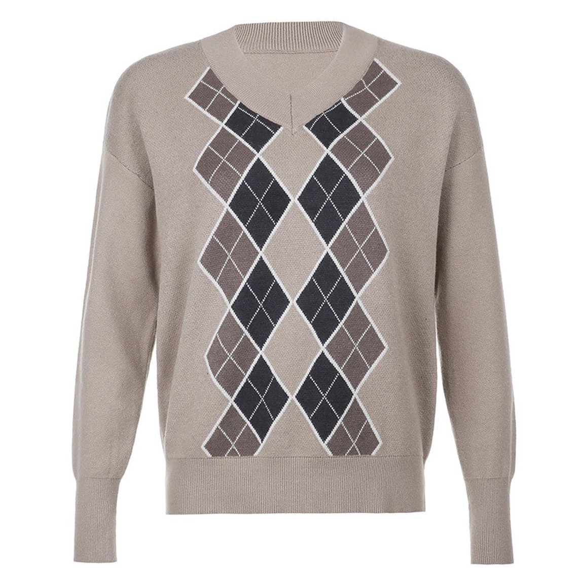Argyle Knit Sweater Long Sleeve Pullover Preppy Style Y2K Etsy