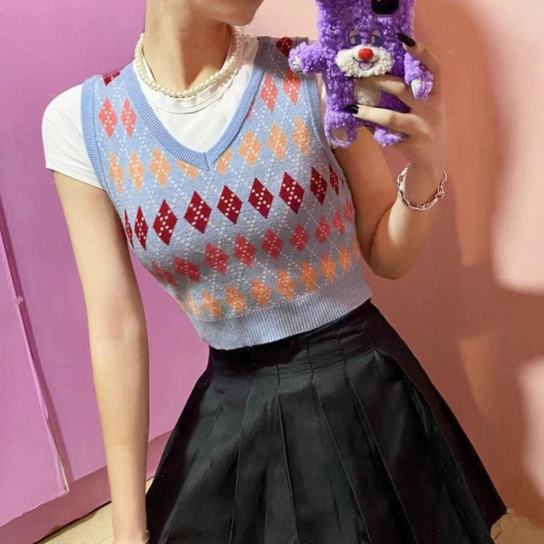 Cropped Argyle Plaid Knit Sweater Vest Y2K Streetwear