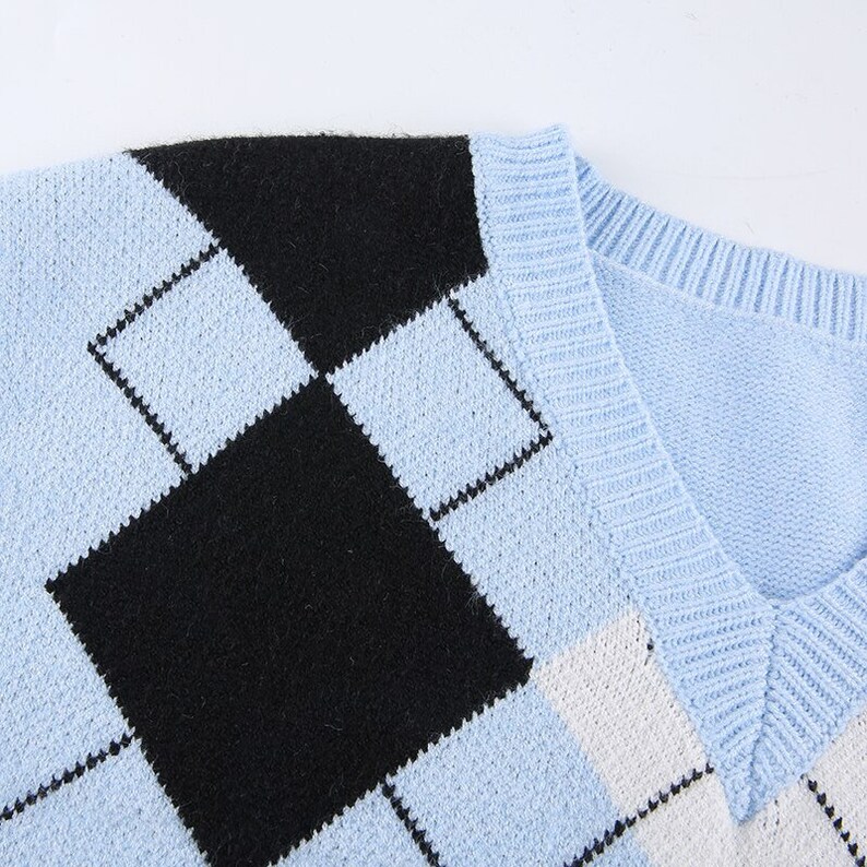 Oversized Argyle Plaid Knit Sweater Vest Blue Preppy Style Y2K One Size