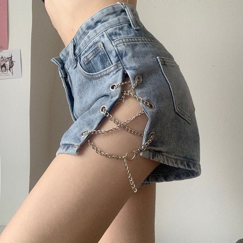 High Waisted Side Chain Decorated Denim Shorts Y2K / Etsy