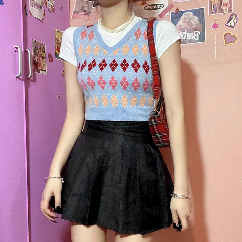 Cropped Argyle Plaid Knit Sweater Vest Y2K Streetwear