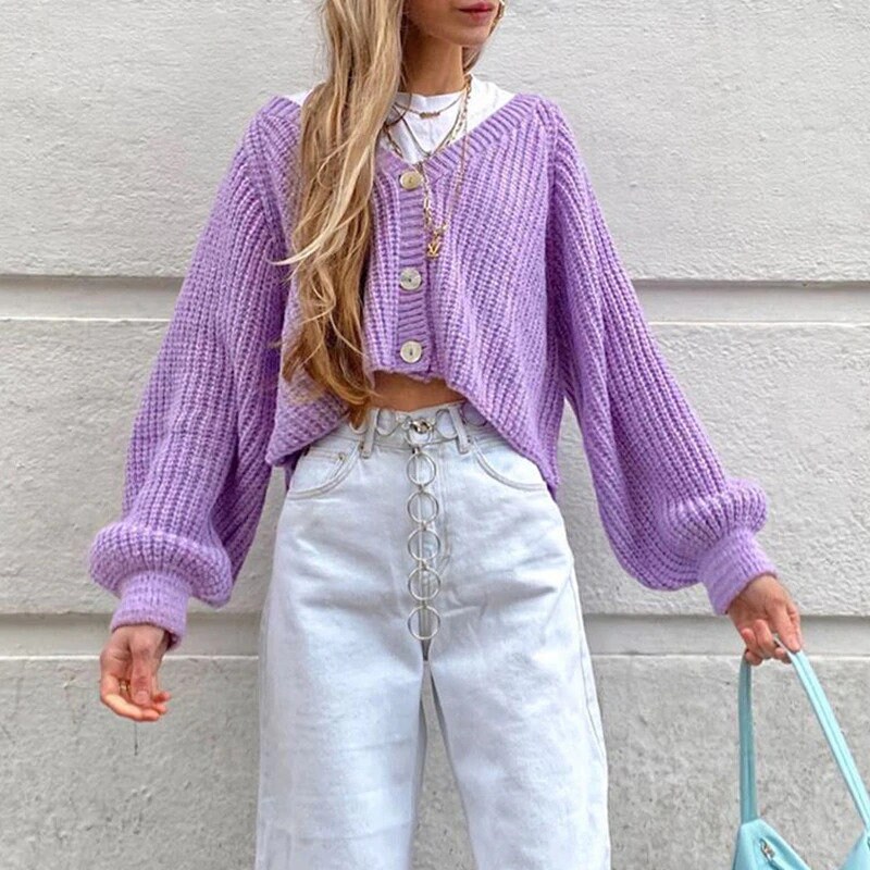 Knitted Crop Top Cardigan Long Sleeve Sweater Purple Y2K | Etsy