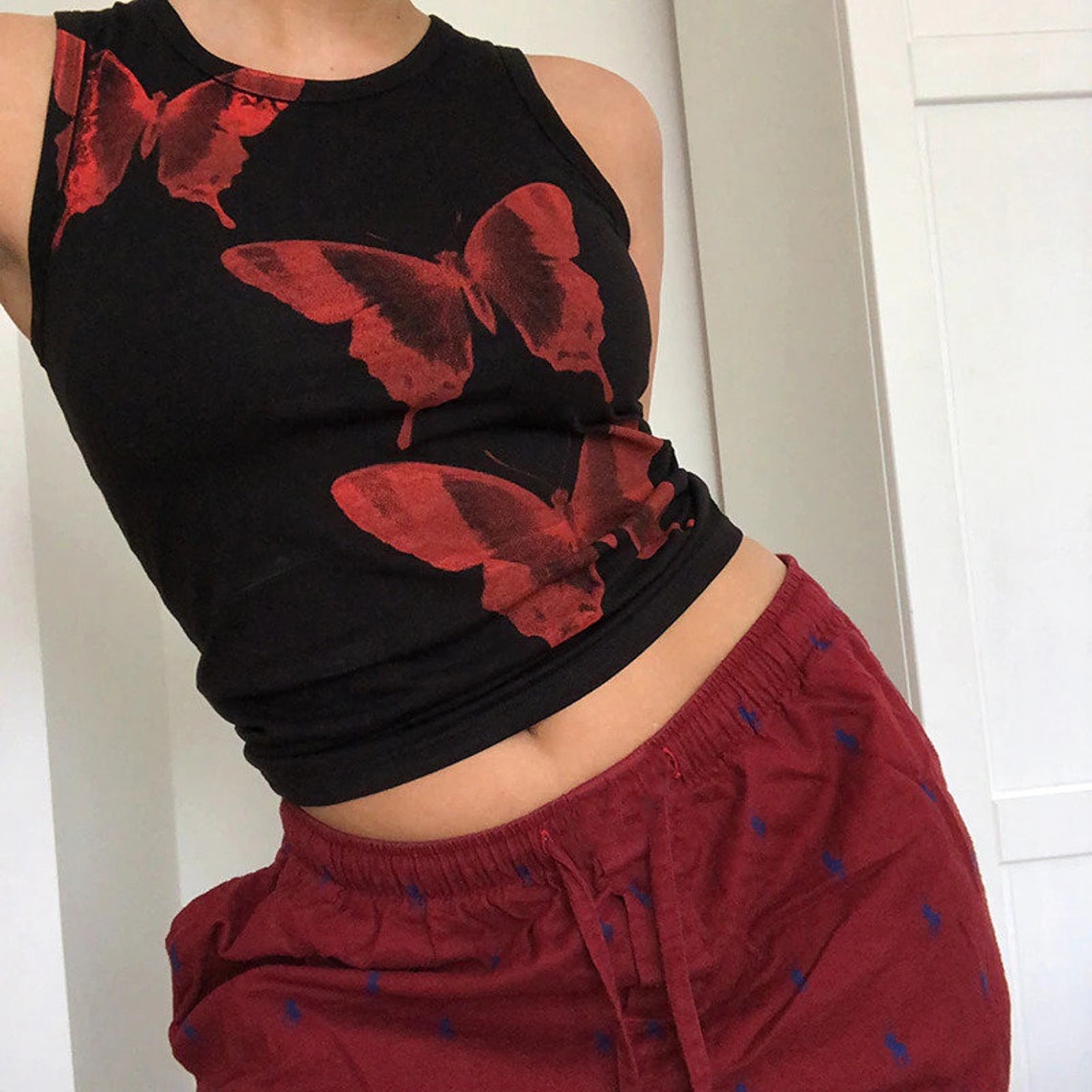 Butterfly Embroidered Tank Top Slim Casual Crop Top Streetwear | Etsy