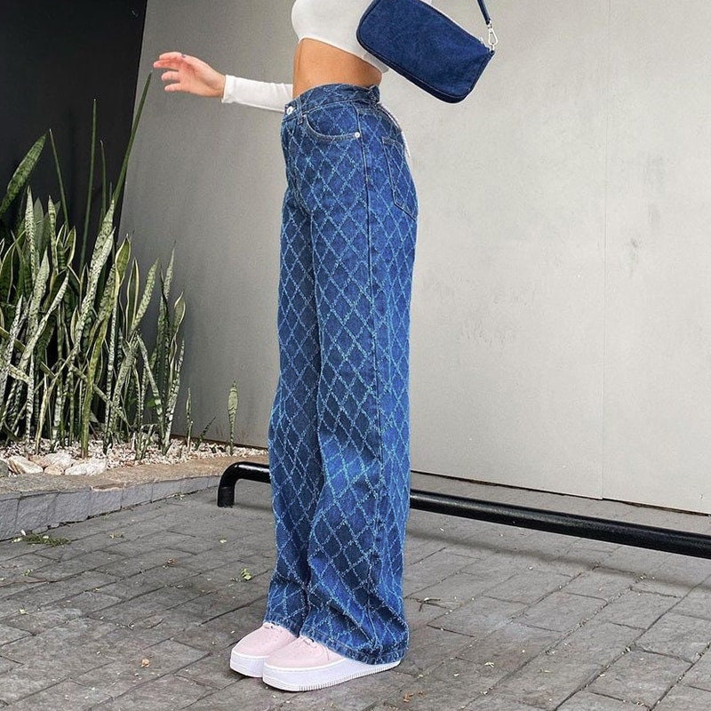 High Waisted Baggy Cotton Denim Pants / Jeans / Argyle Pattern | Etsy