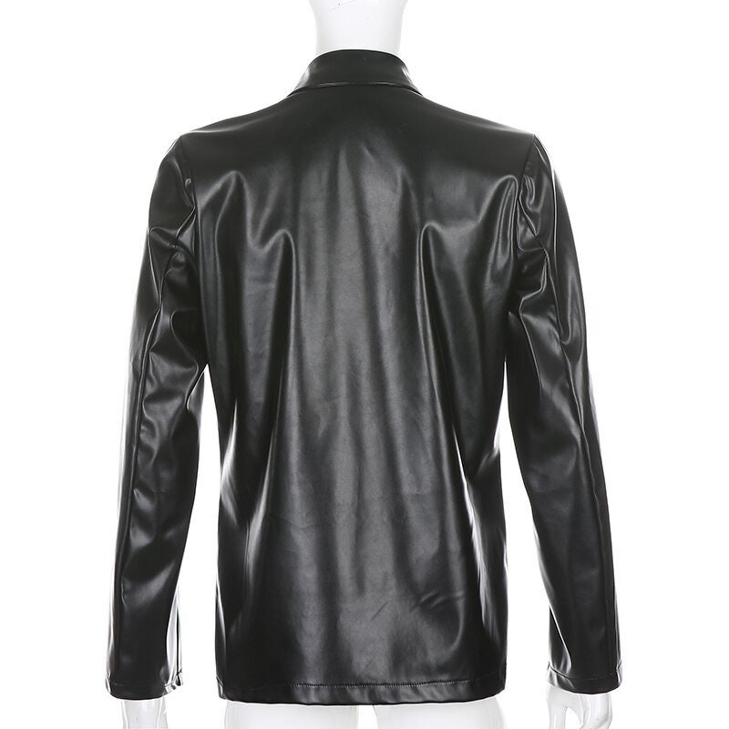 Black Faux Leather Jacket Basic Collared Streetwear | Etsy