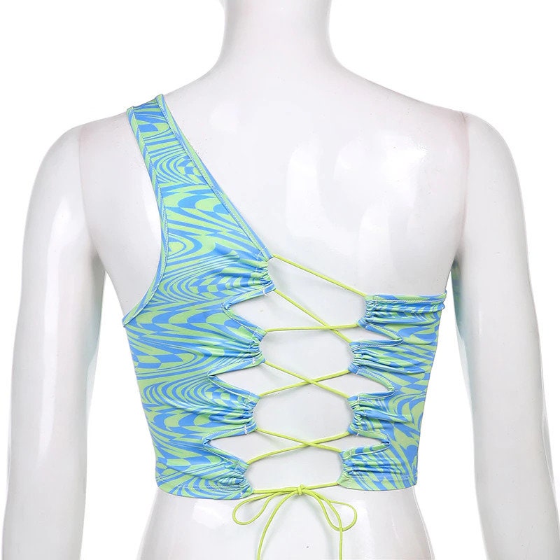 One Shoulder Wave Pattern String Tie Back Crop Top & Tank Top | Etsy