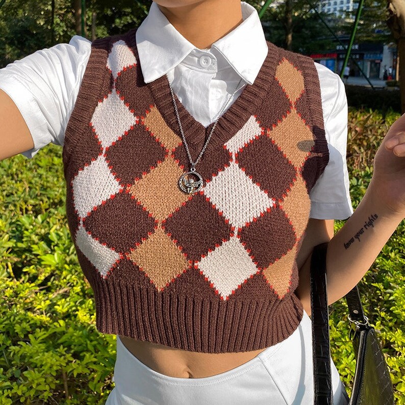 Argyle Knit Casual Sweater Vest 90s Y2K Brown Streetwear | Etsy