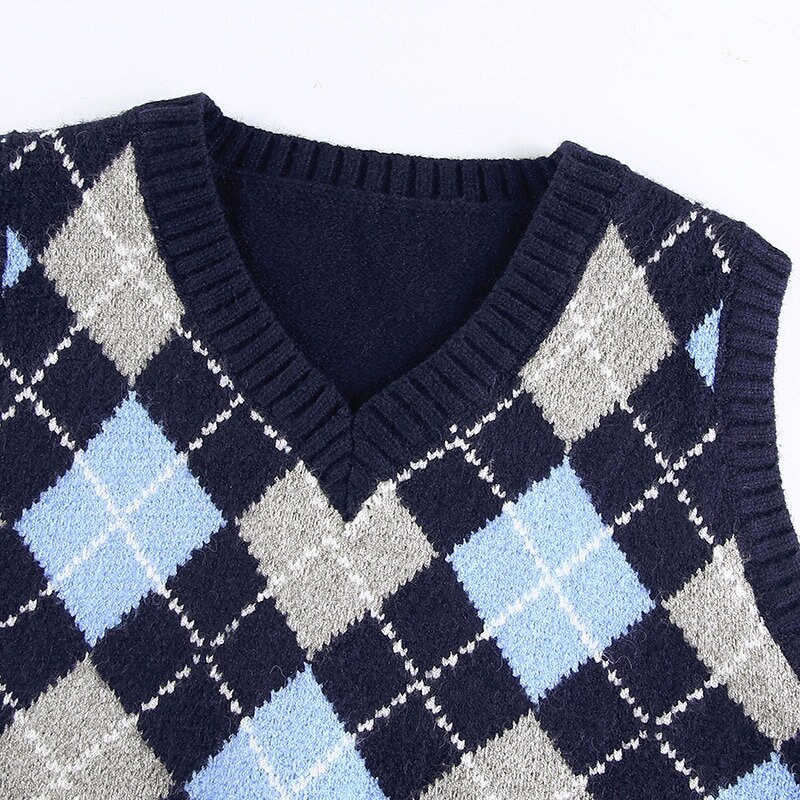 Argyle Knit Sweater Vest Y2K V-Neck Slim | Etsy