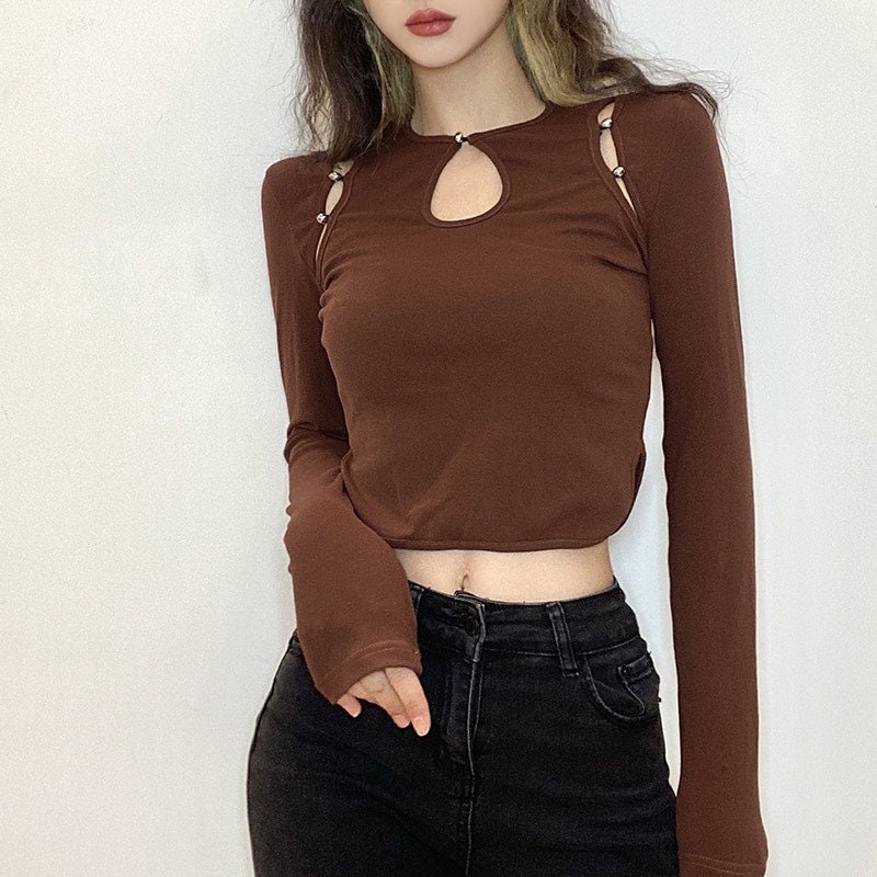 Keyhole Neck Cut Out Long Sleeve Crop Top Shirt Y2K / | Etsy