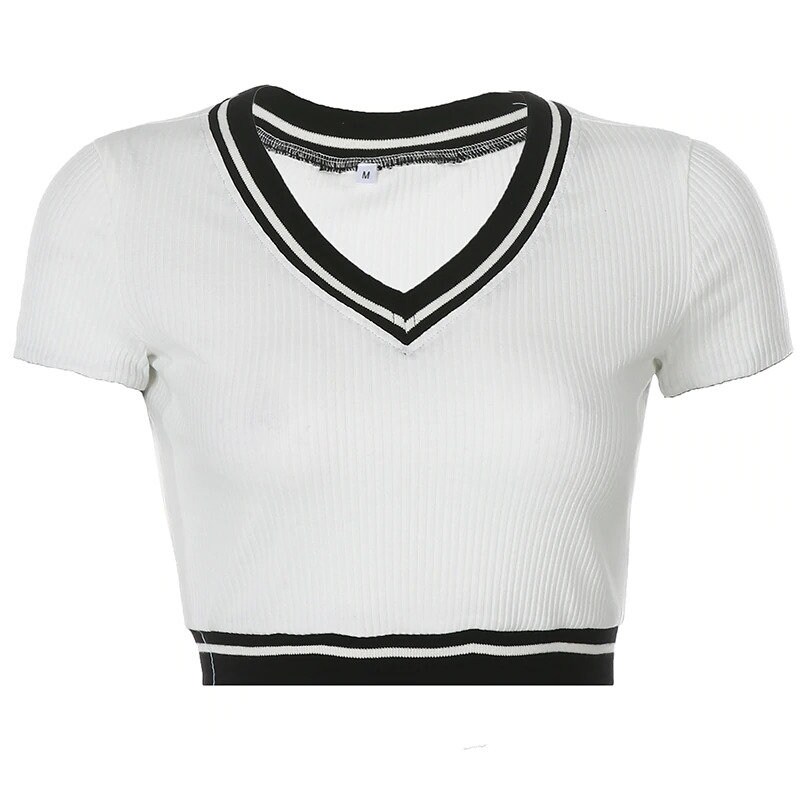 Ribbed Crop Top Short Sleeve T-shirt V-Neck Streetwear | Etsy