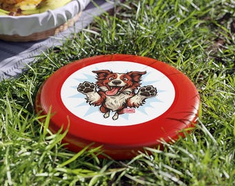 Glücklicher rot-weißer Border Collie Illustration Frisbee | Hundescheibe, Spiel im Freien