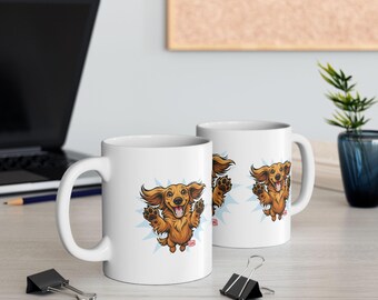 Happy Leaping Longhaired Dachshund Illustration Mug | Ceramic Coffee Cup