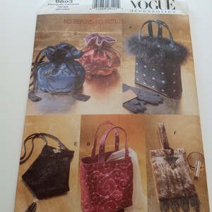 May include: A sewing pattern for six different bags. The bags are made of different fabrics and have different styles. The pattern is from Vogue Accessories and is for size one. The pattern is titled "No Refund No Return".