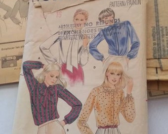 Butterick 3319 Miss Size 16 partially cut 1970's? Adult Misses Woman Blouses loose-fitting full length sleeves buttoned cuffs self bow tie