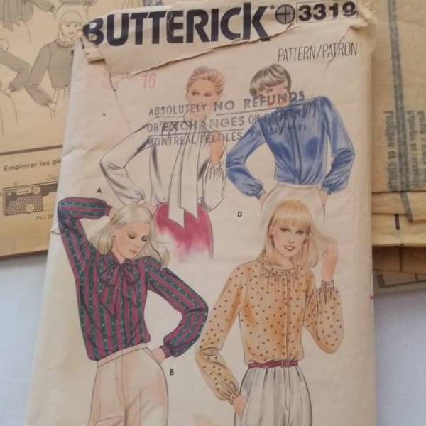 Butterick 3319 Miss Size 16 partially cut 1970's? Adult Misses Woman Blouses loose-fitting full length sleeves buttoned cuffs self bow tie