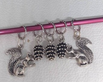 Squirrels and Acorn Stitch Markers with Silver Color Set of 5 Knitting Crochet Charms yarn Christmas gift stocking stuffer notion ornament