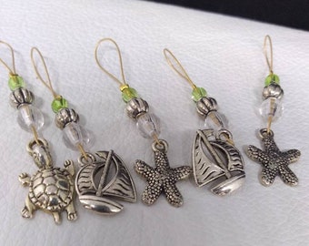 Sail Ship Starfish Turtle Stitch Markers with Green Clear Beads Set of 5 Knitting Crochet Charm yarn Christmas gift stocking stuffer notion