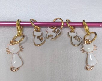 Family of White Cats Stitch Markers with Gold accents Set of 5 Knitting Crochet Charms kitten yarn Christmas gift stocking stuffer notion