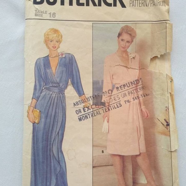 Butterick 4800 Miss Size 16 partially cut 1970's? Adult Woman Evening Dress Cummerbund long fitted front wrap dolman sleeve bias cummerbund