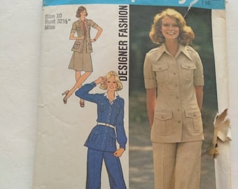 Simplicity 6794 Size 10 Bust 32 1/2 pattern cut Vintage 1974 pants suit skirt jacket button cuffs pleaded sleeves designer fashion