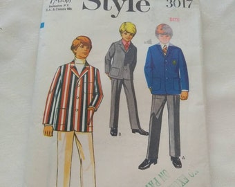 Style 3017 Size 14 pattern partially cut Vintage 1970 Boy's and Teen Jacket long sleeves button closing trousers long pants front zipper