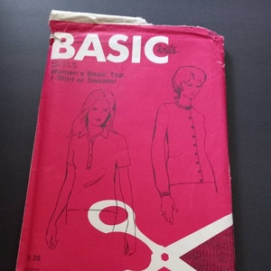 Basic Knit Pattern 102 Size 10-12-14-16-18 uncut 1970 Woman Basic Top T-Shirt or Sweater, Polo V-neck, Buttoned Cardigan Short Long Sleeve