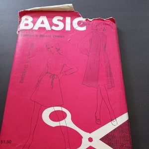May include: A vintage sewing pattern envelope with a pink background and white text. The pattern is for a basic dress and is called "Basic". The envelope shows two illustrations of women wearing the dress. The text on the envelope says "$1.50", "Another Mix Match & Make Pattern for knit and stretch fabrics."