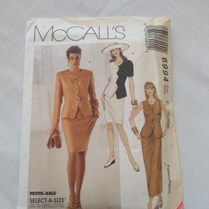 Patrón McCall's 6994 Miss Talla F (16-18-20) Sin cortar Vintage 1994 Mujer adulta Dama Sin forro Chaqueta semiajustada Falda ajustada Abertura con cremallera en la parte posterior