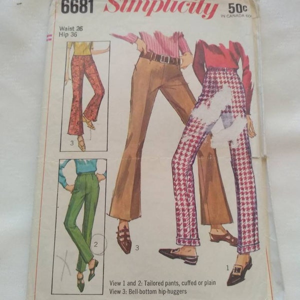 Simplicity 6681 Waist 26 Hip 36 Partially cut 1966 Teen Adult Woman Ladies tailored fitted pants bell-bottom hiphuggers cuffs below waist