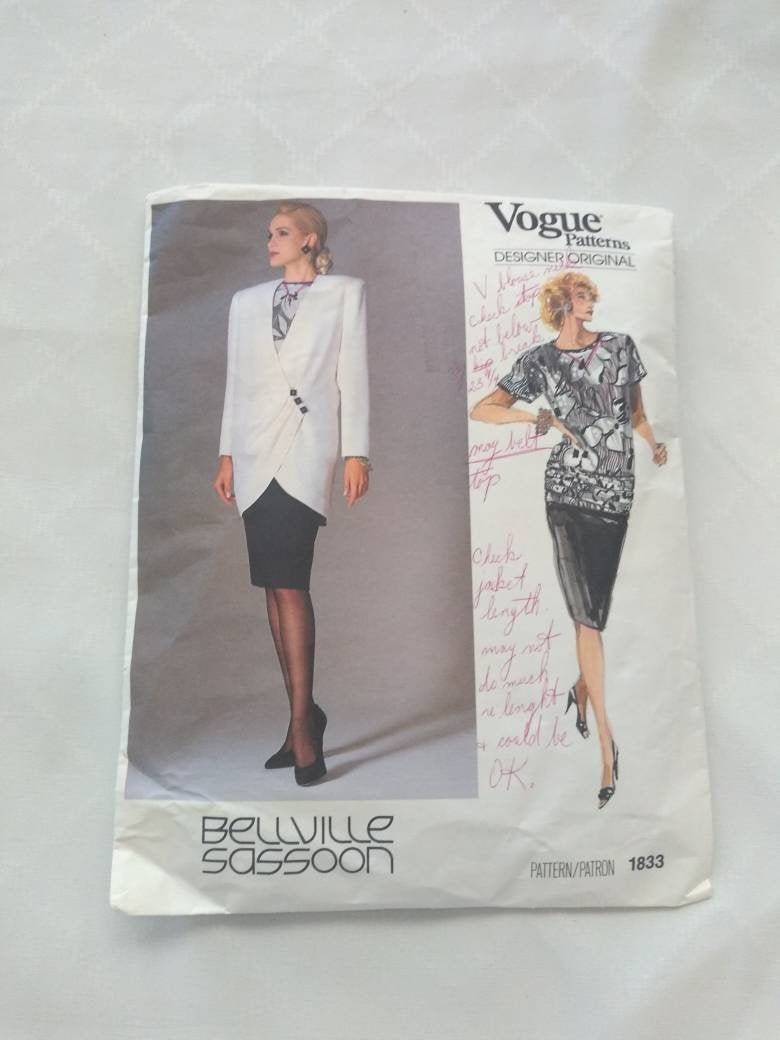 Vogue Bellville Sassoon 1833 Size 12 pattern partially cut Vintage 1987 Lady Woman Loose-fitting Jacket Straight skirt Top shirt sleeves