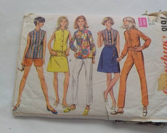 Simplicity 7618 Size14 Bust 36 pattern partially cut Vintage 1968 pants shorts blouse with sleeves or sleeveless A-lined skirt