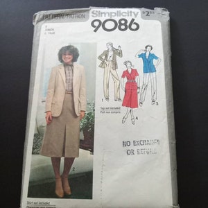 May include: A vintage Simplicity sewing pattern packet, featuring illustrations of women's clothing designs. The packet includes a photo of a woman wearing a skirt suit. The text on the packet reads "Simplicity 9086".