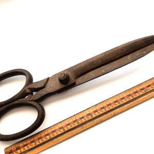 May include: Large, antique metal scissors with dark brown handles and blades. A wooden ruler with red and black markings is next to the scissors. The scissors are approximately 12 inches long.
