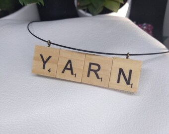 Scrabble Piece Necklace YARN Boardgame Upcycled Knit Crochet Christmas Gift Stocking Stuffer knitter yarn wool tread lace stitch row pendant
