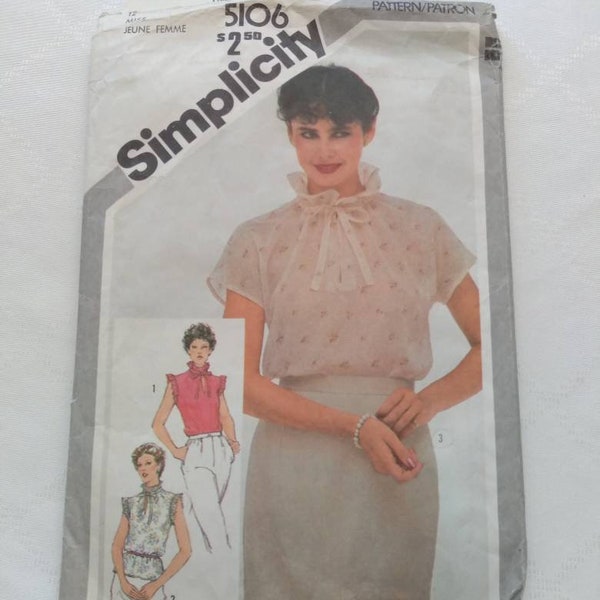 Simplicity 5106 Size 12 Miss pattern partially cut Vintage 1981 Ladies Pullover Blouse sleeveless cap sleeves self-drawstring neck ruffle.