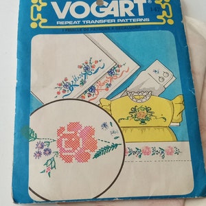 May include: A blue and white package of iron-on transfer patterns for embroidery or ballpoint painting. The package features a floral design and the text "VOGART Repeat Transfer Patterns 1 Feuille de Patrons a Decalquer".