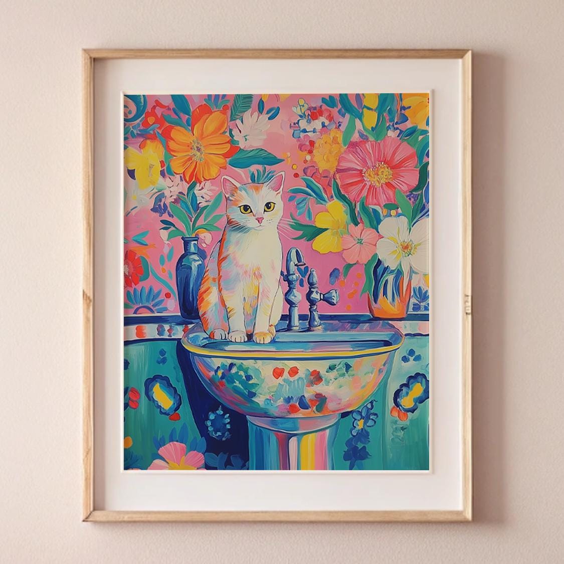 PRINTED Cute White Cat on Bathroom Sink Art Print, Whimsical Floral ...