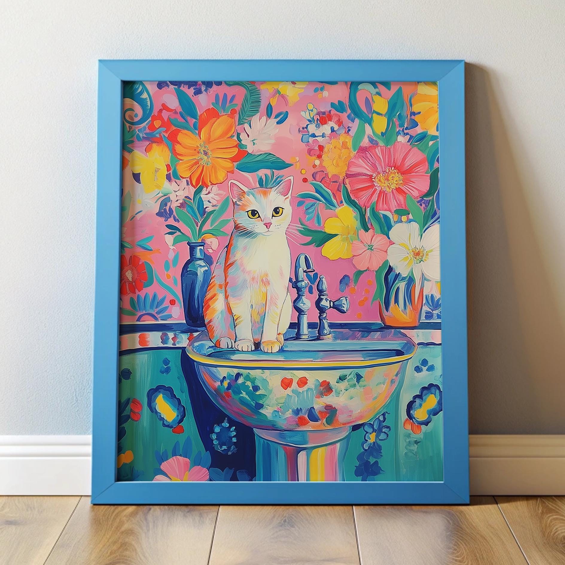 PRINTED Cute White Cat on Bathroom Sink Art Print, Whimsical Floral ...