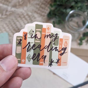 In my reading era sticker | Waterproof hand drawn sticker for book lovers | Earthy illustrated book shelf sticker | Hand lettered sticker