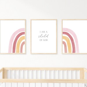 I Am a Child of God Pink Rainbow Nursery Wall Art | Set of 3 Boho Baby Girl Nursery Decor |Pastel Christian Nursery Print Baby Shower Gift